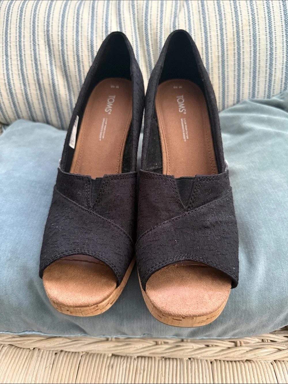 TOMS Black Open-Toe Wedge Espadrilles